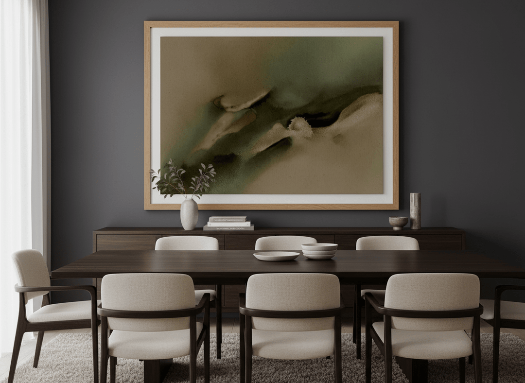 Monumental artwork centred on a feature wall in a luxe interior
