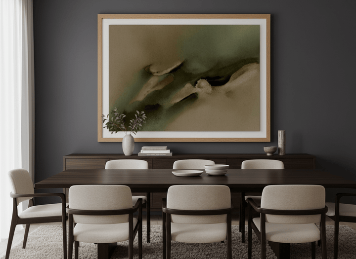 Monumental artwork centred on a feature wall in a luxe interior