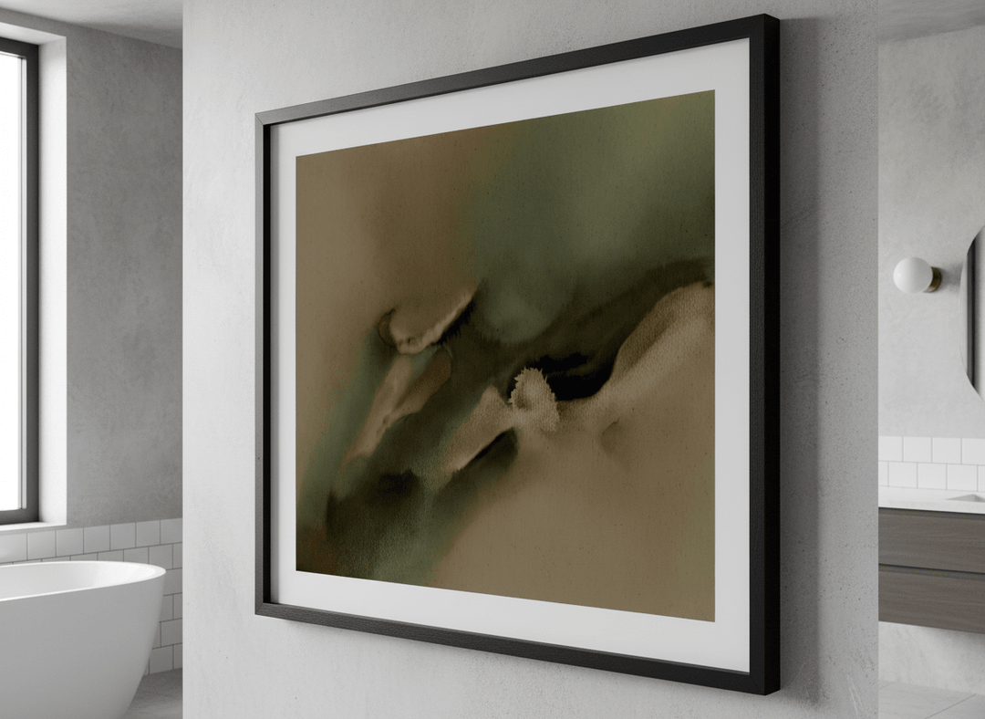 Modern print displayed in a clean minimalist bathroom setting