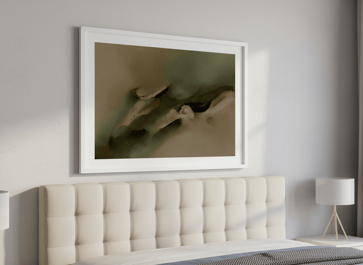Minimalist artwork displayed in a calm, light-filled bedroom interior