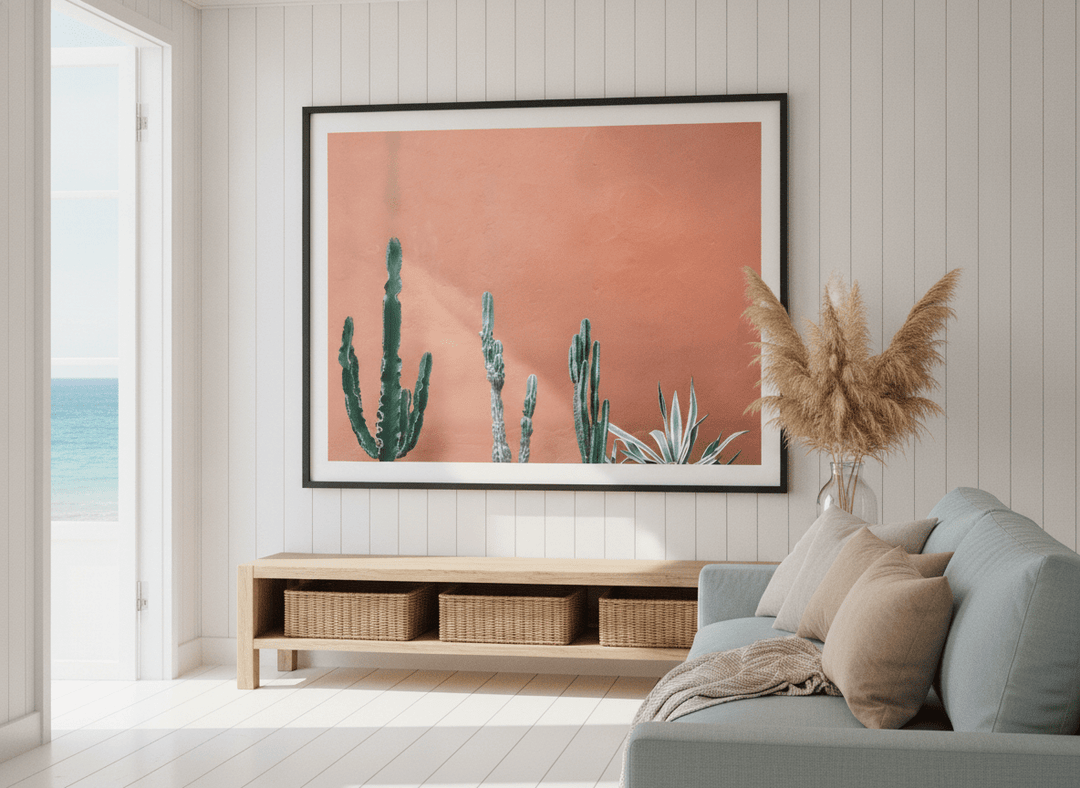 Neutral wall art displayed in a sunny coastal beach house