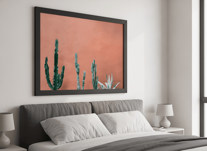 Minimalist artwork displayed in a calm, light-filled bedroom interior