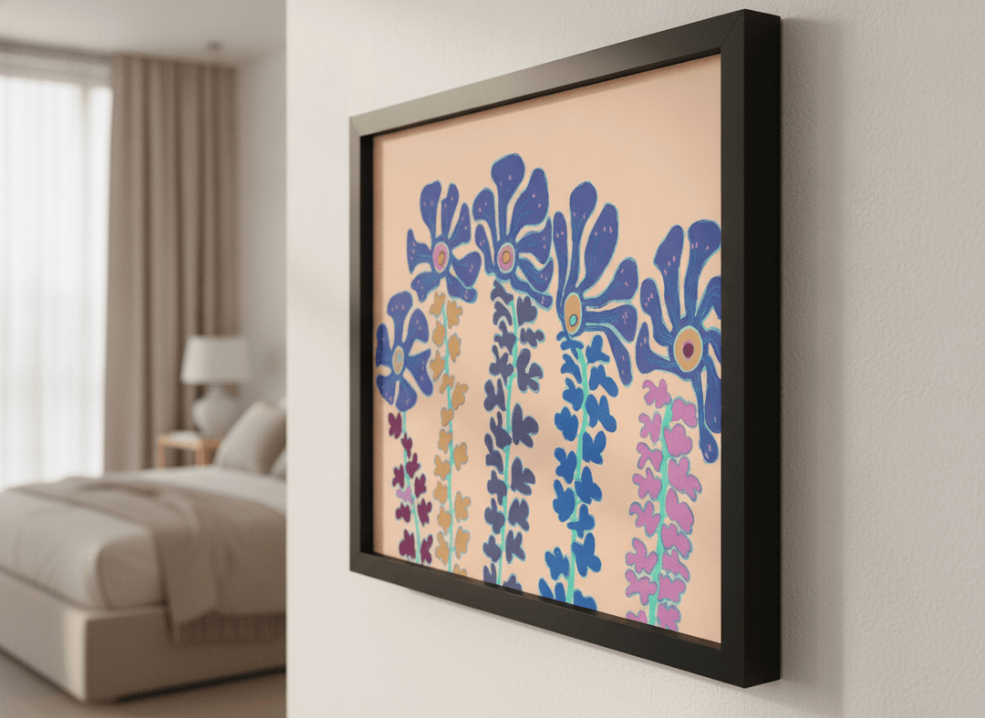 Minimalist artwork displayed in a calm, light-filled bedroom interior