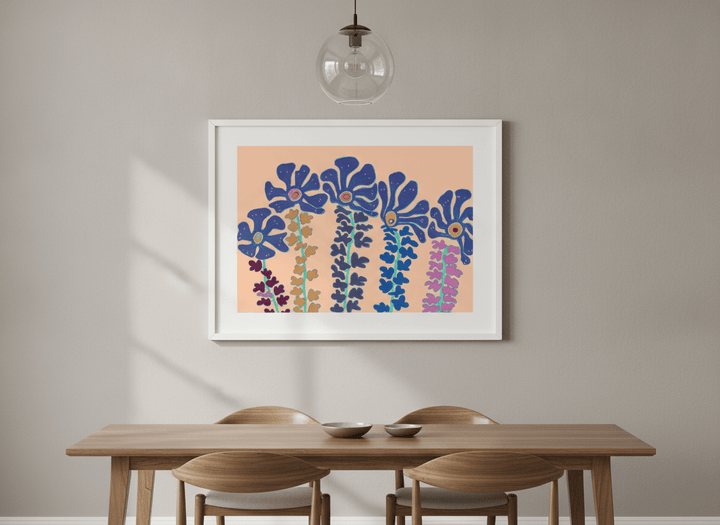 Wall art styled above a dining table in a contemporary home