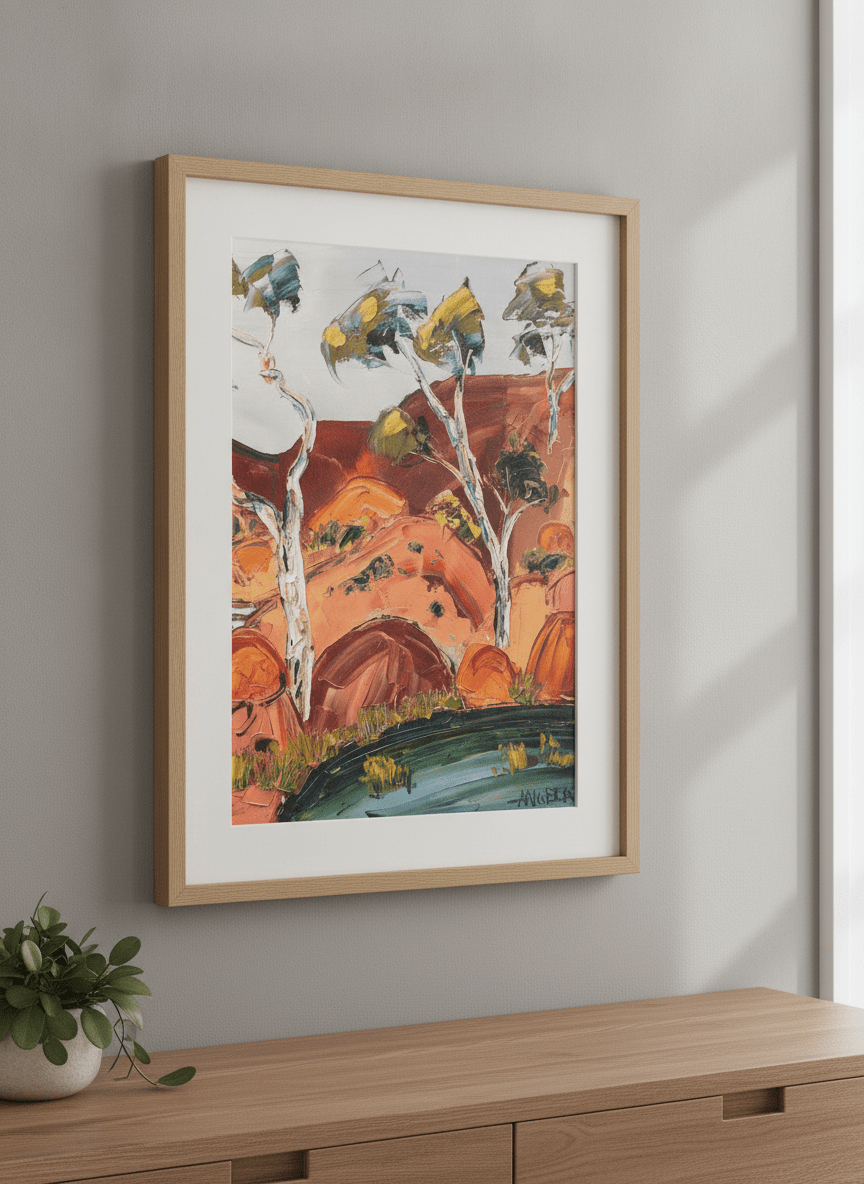 Minimalist artwork displayed in a calm, light-filled bedroom interior