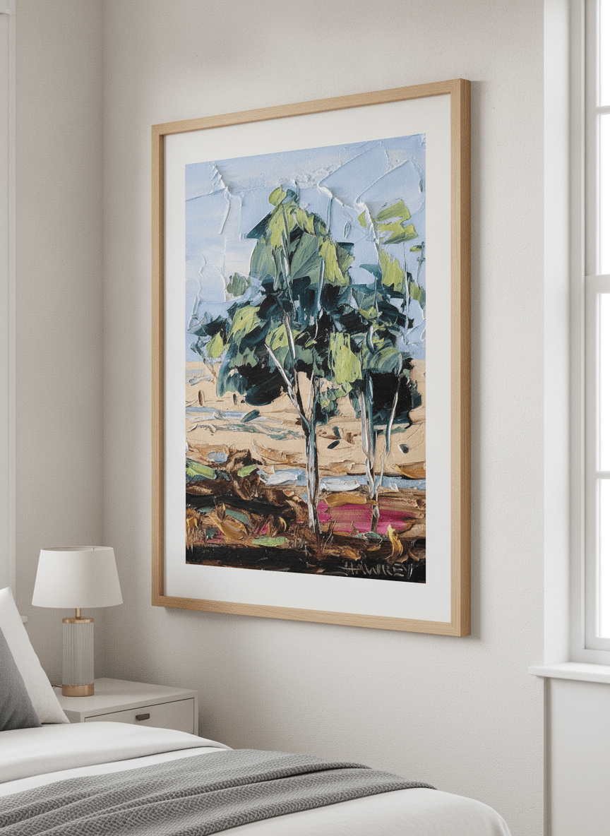Minimalist artwork displayed in a calm, light-filled bedroom interior