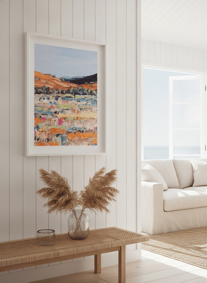 Neutral wall art displayed in a sunny coastal beach house