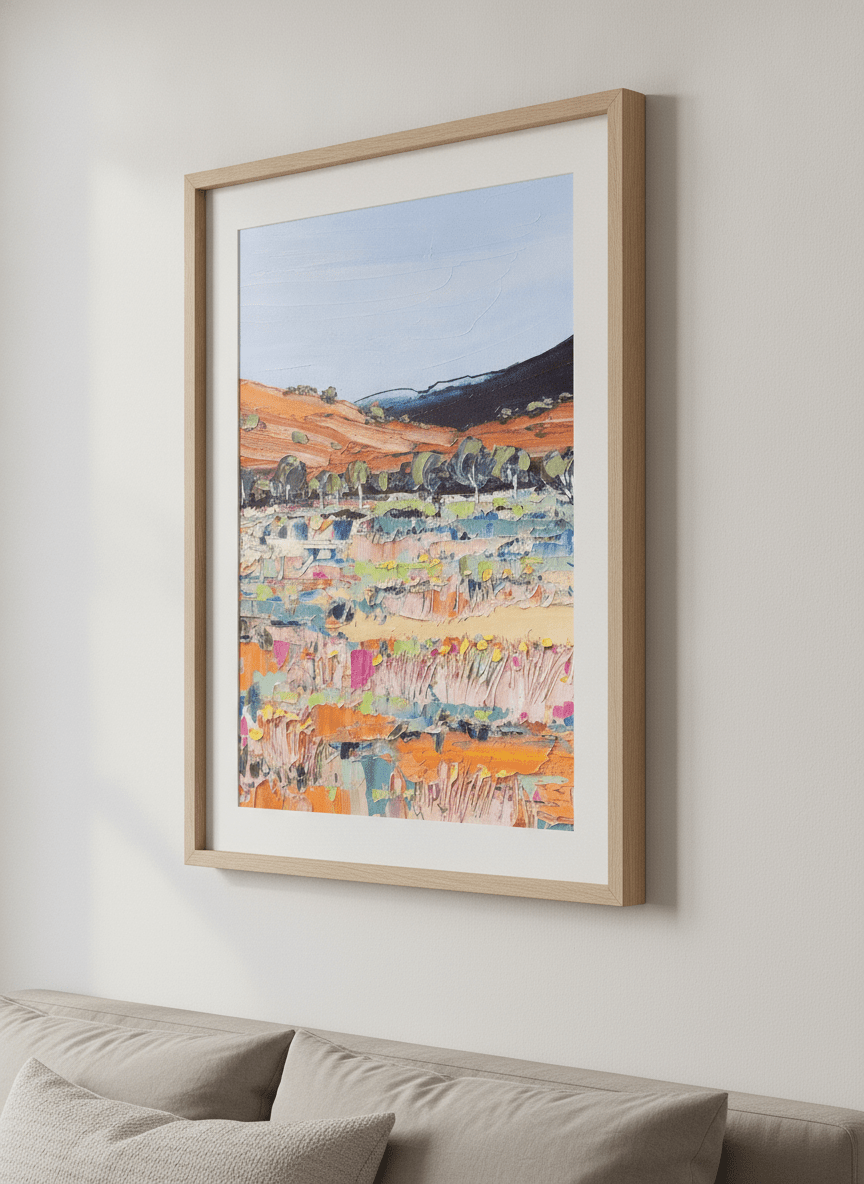 Minimalist artwork displayed in a calm, light-filled bedroom interior