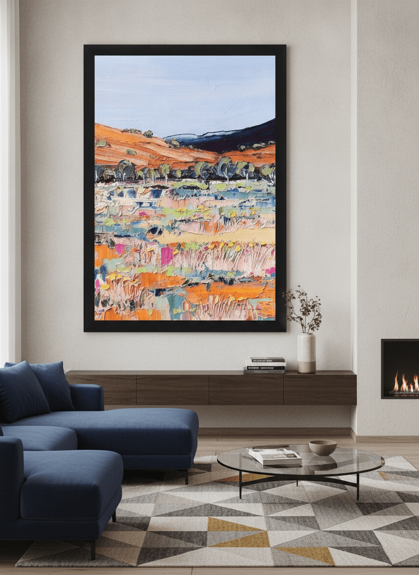 Monumental artwork centred on a feature wall in a luxe interior