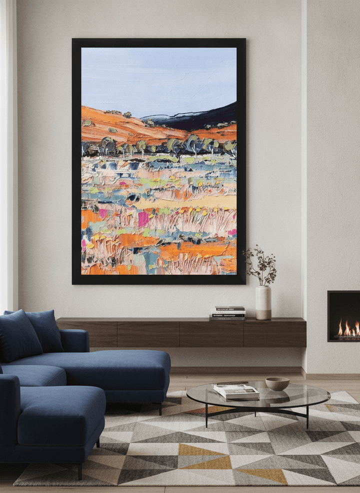 Monumental artwork centred on a feature wall in a luxe interior