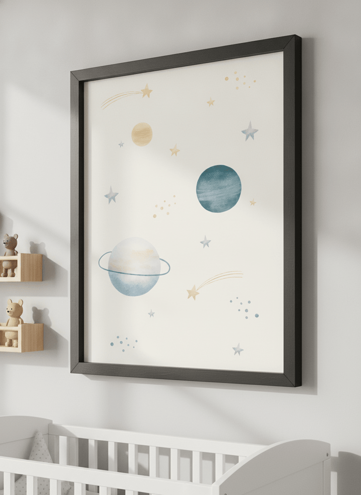 Soft neutral wall art styled in a serene nursery with pastel tones