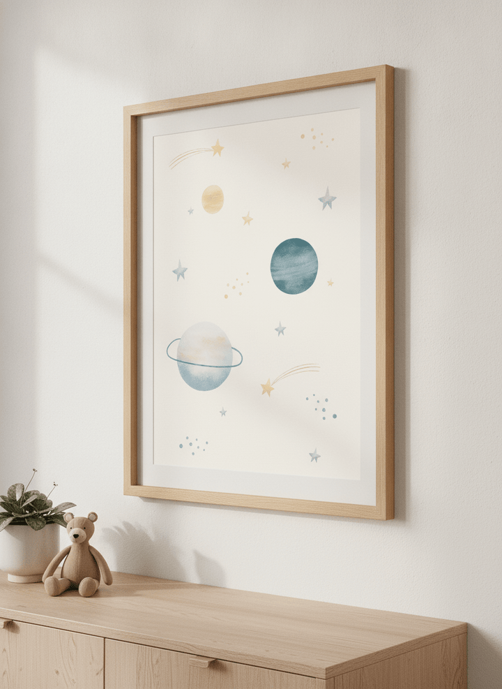 Soft neutral wall art styled in a serene nursery with pastel tones