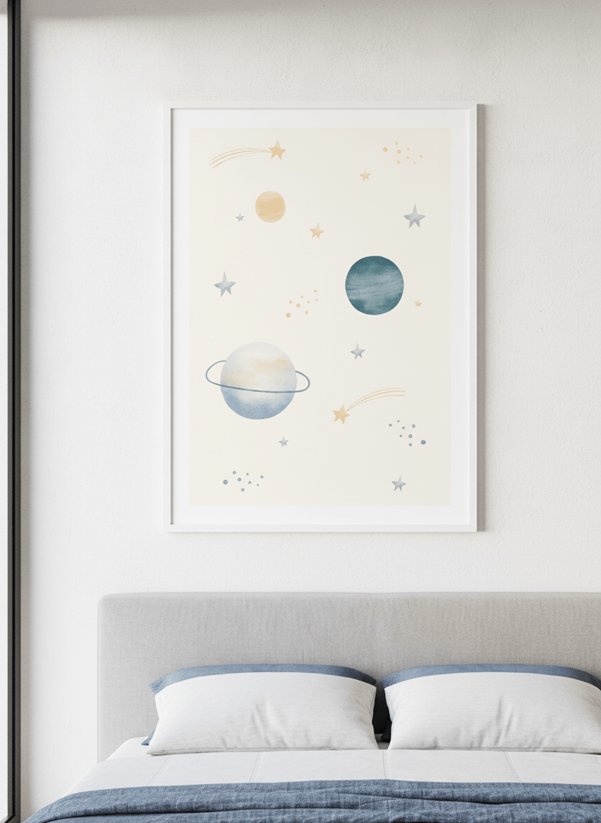 Minimalist artwork displayed in a calm, light-filled bedroom interior