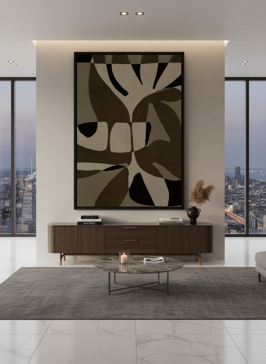 Monumental artwork centred on a feature wall in a luxe interior