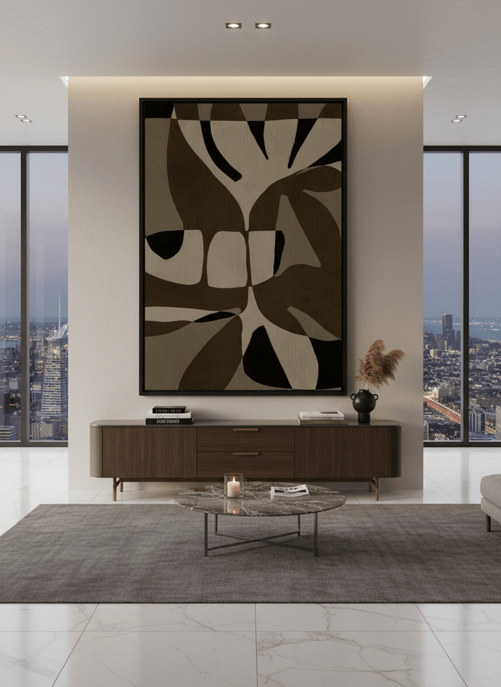 Monumental artwork centred on a feature wall in a luxe interior