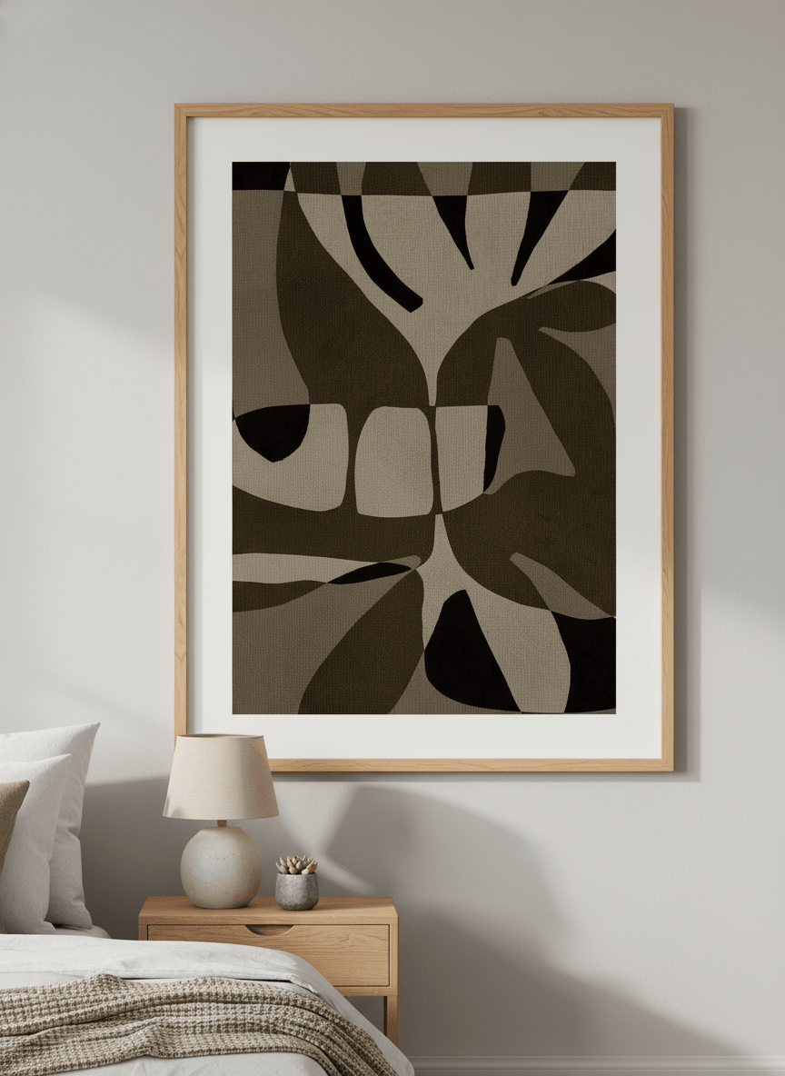 Minimalist artwork displayed in a calm, light-filled bedroom interior