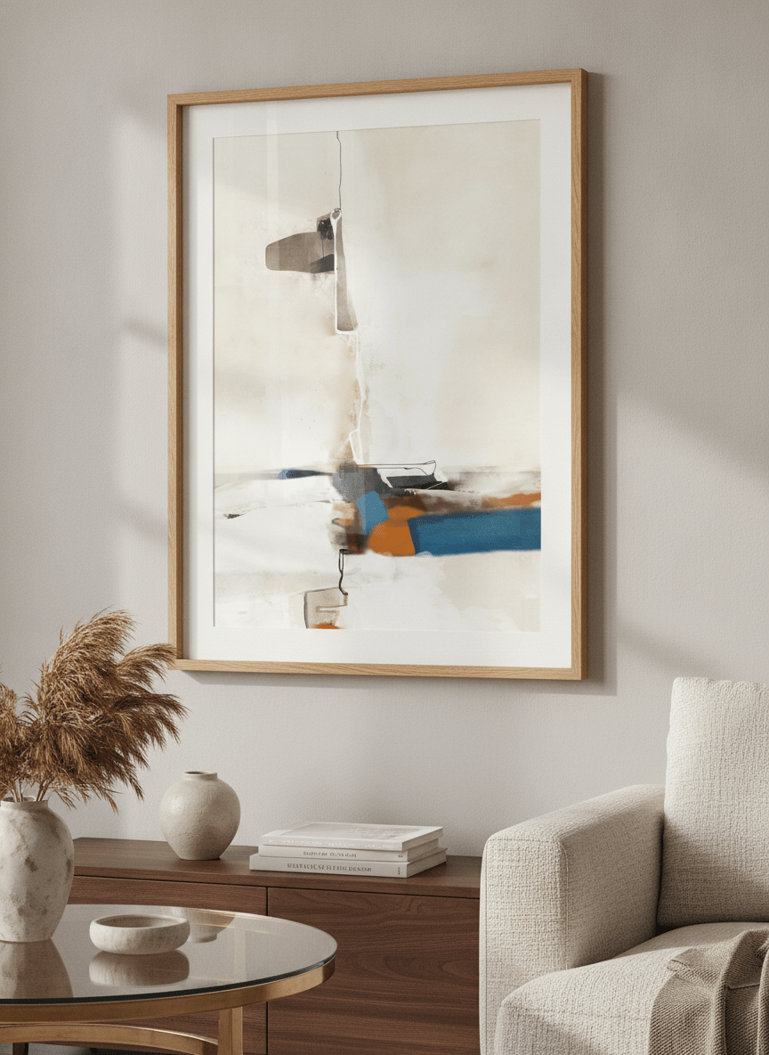 Modern wall art styled above a sofa in a neutral living room