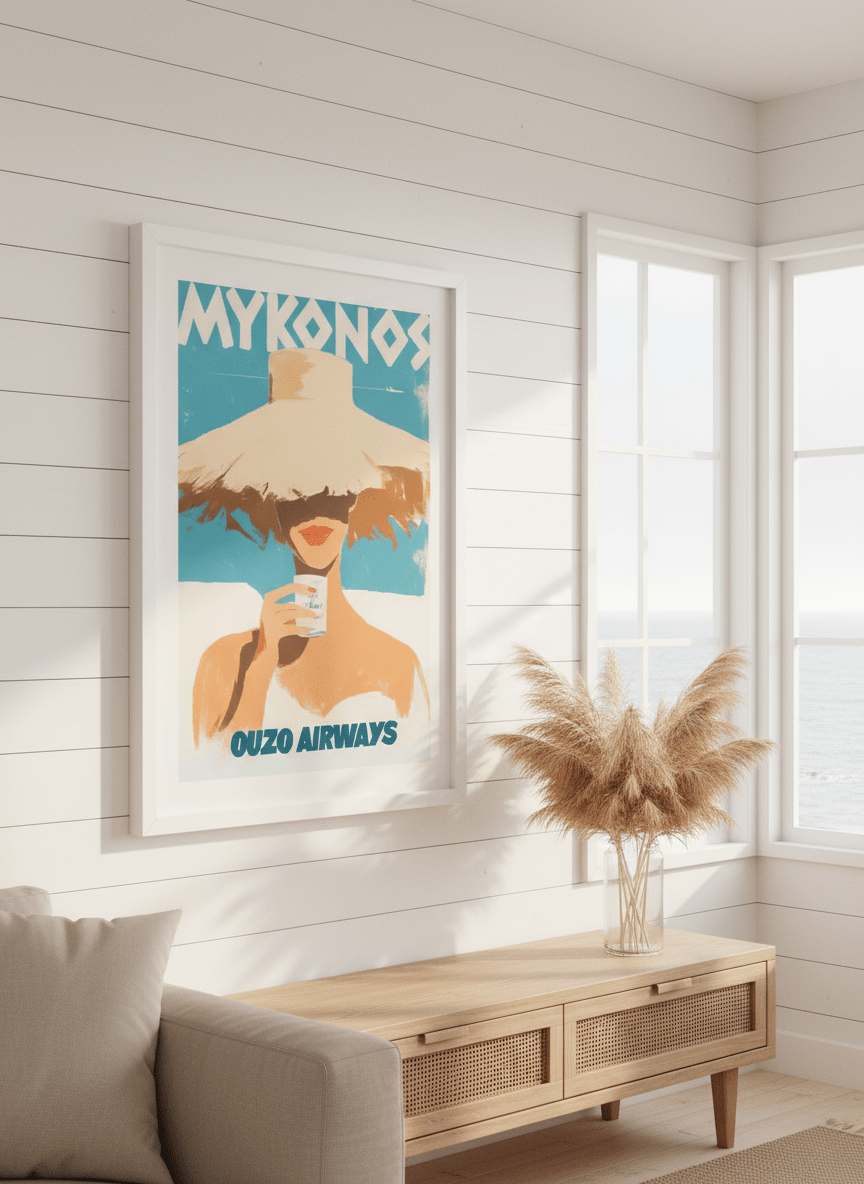 Neutral wall art displayed in a sunny coastal beach house