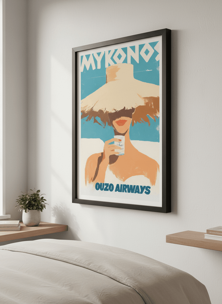 Minimalist artwork displayed in a calm, light-filled bedroom interior