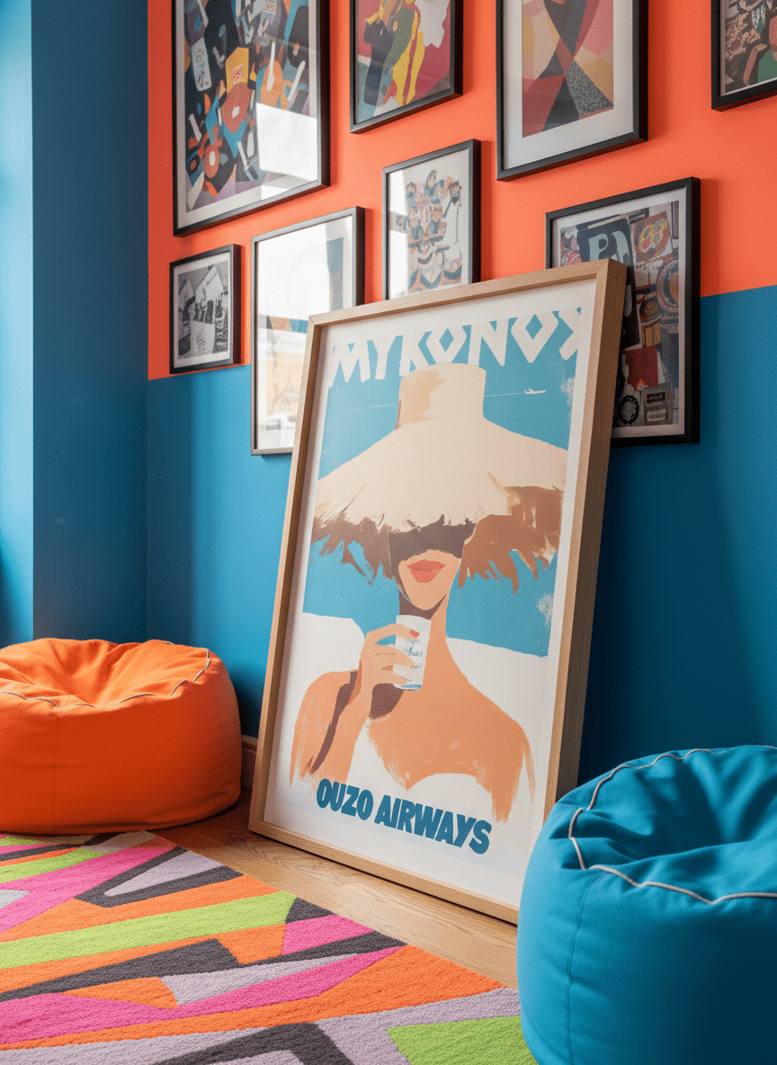 Bold wall art styled in a colourful, eclectic modern home
