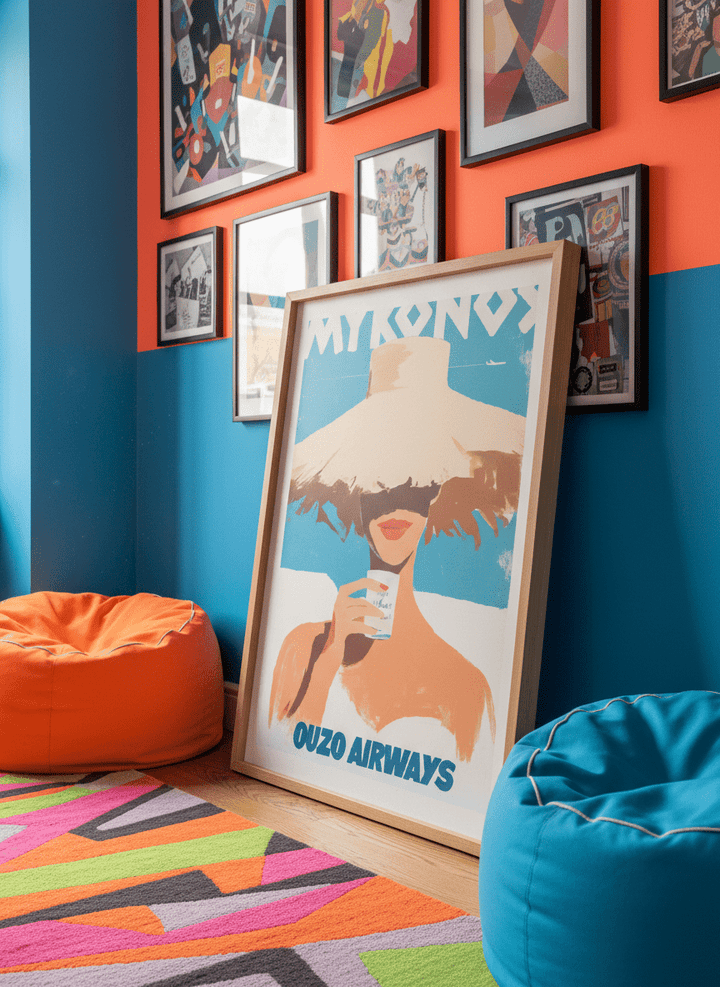 Bold wall art styled in a colourful, eclectic modern home