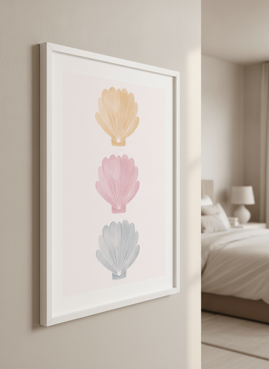 Minimalist artwork displayed in a calm, light-filled bedroom interior