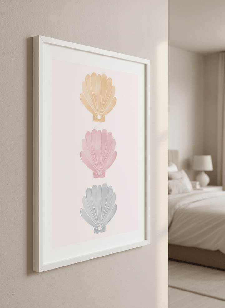 Minimalist artwork displayed in a calm, light-filled bedroom interior