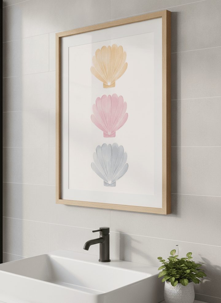 Modern print displayed in a clean minimalist bathroom setting
