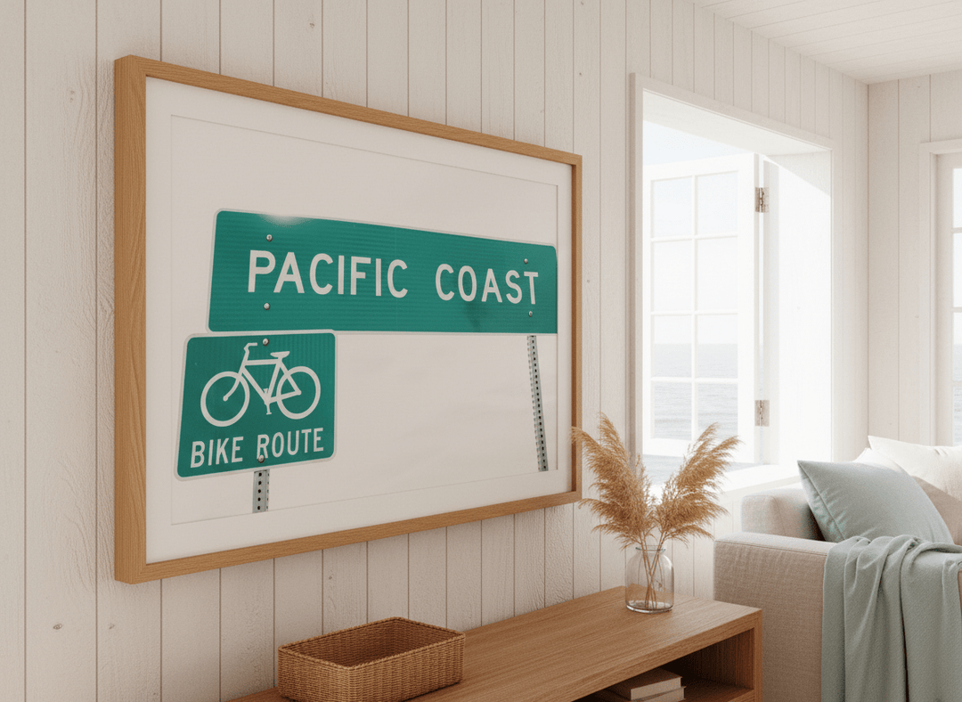 Neutral wall art displayed in a sunny coastal beach house