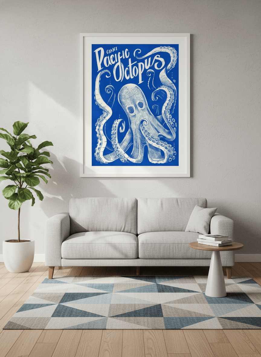 Modern wall art styled above a sofa in a neutral living room