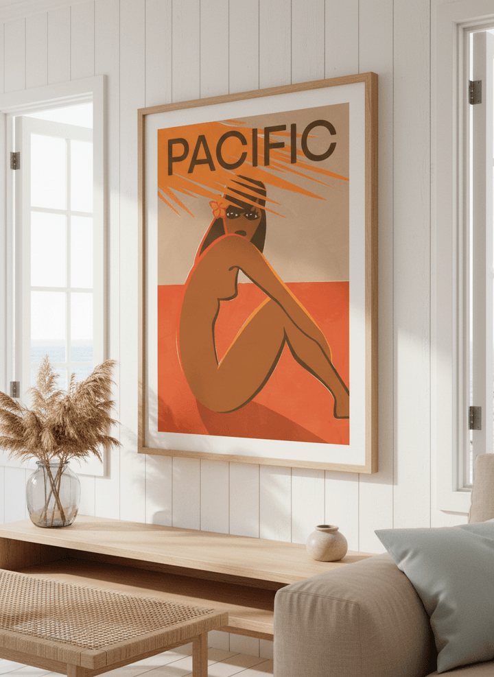 Neutral wall art displayed in a sunny coastal beach house