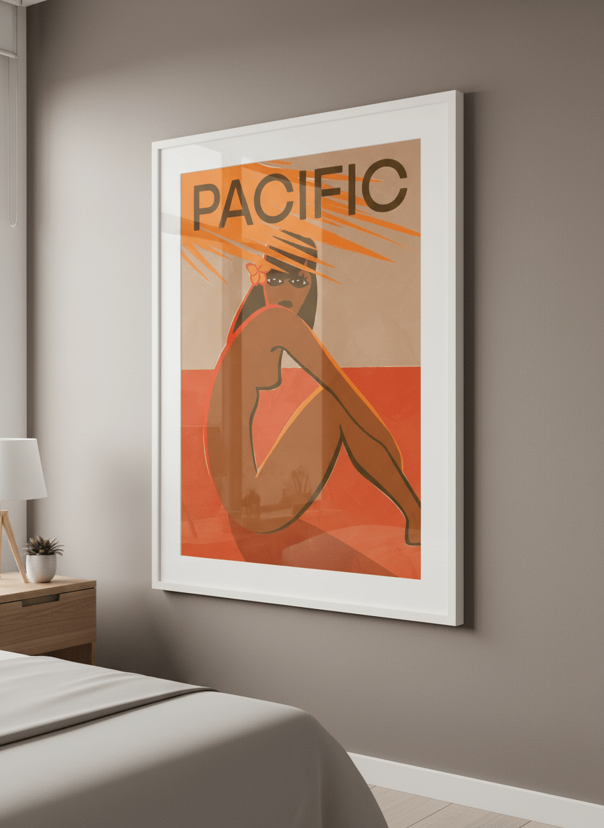 Minimalist artwork displayed in a calm, light-filled bedroom interior