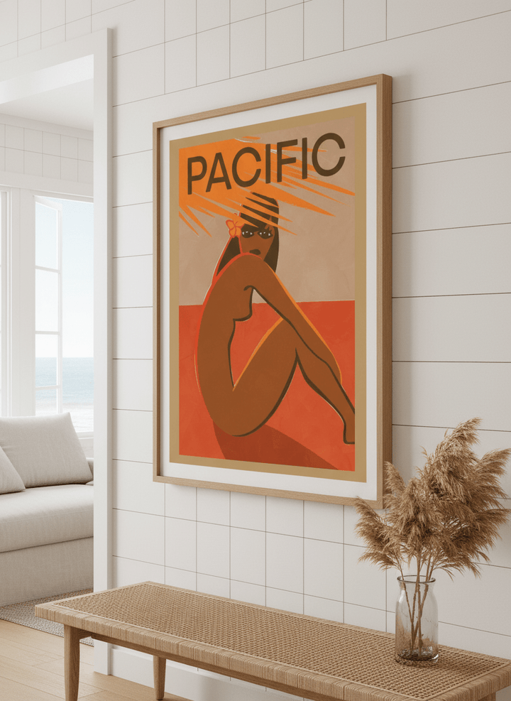 Neutral wall art displayed in a sunny coastal beach house