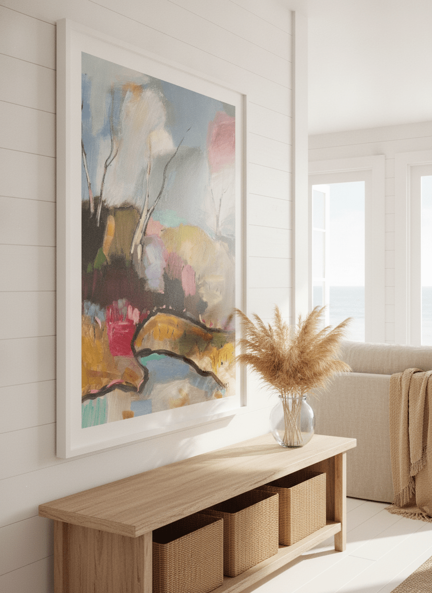 Neutral wall art displayed in a sunny coastal beach house