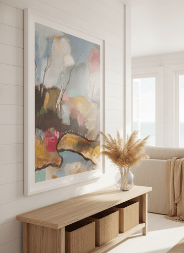 Neutral wall art displayed in a sunny coastal beach house