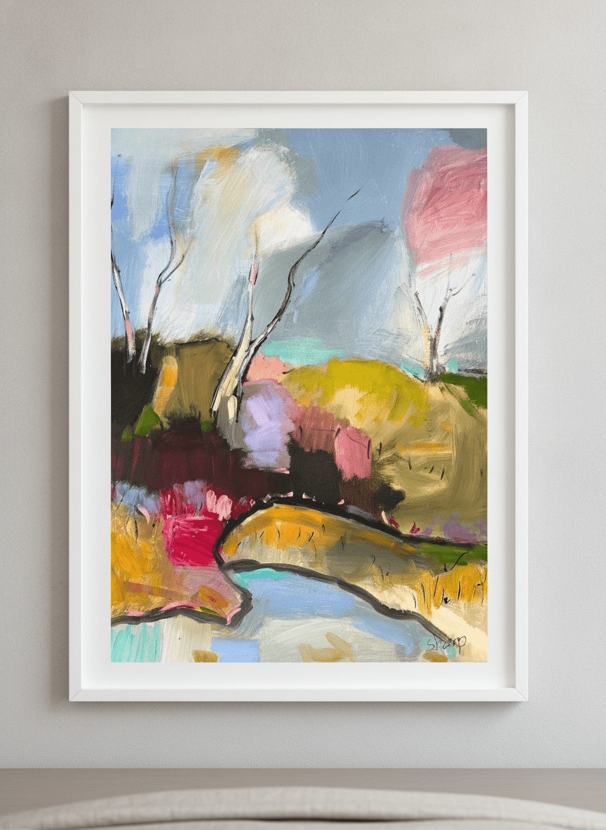 Minimalist artwork displayed in a calm, light-filled bedroom interior