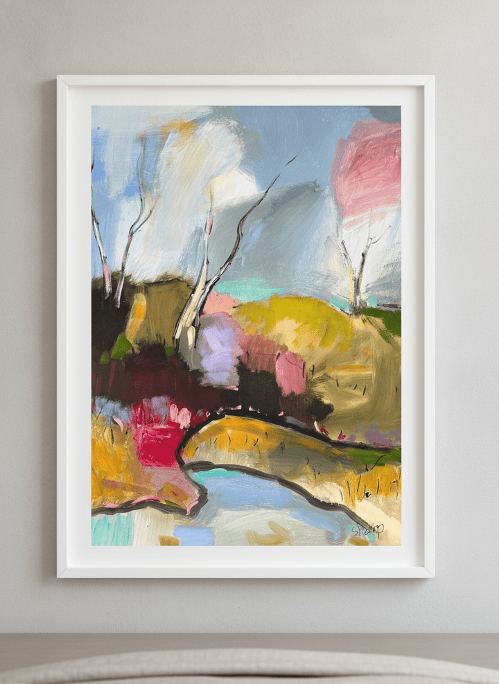 Minimalist artwork displayed in a calm, light-filled bedroom interior
