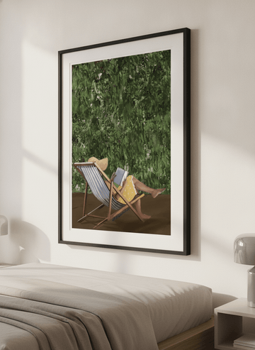 Minimalist artwork displayed in a calm, light-filled bedroom interior