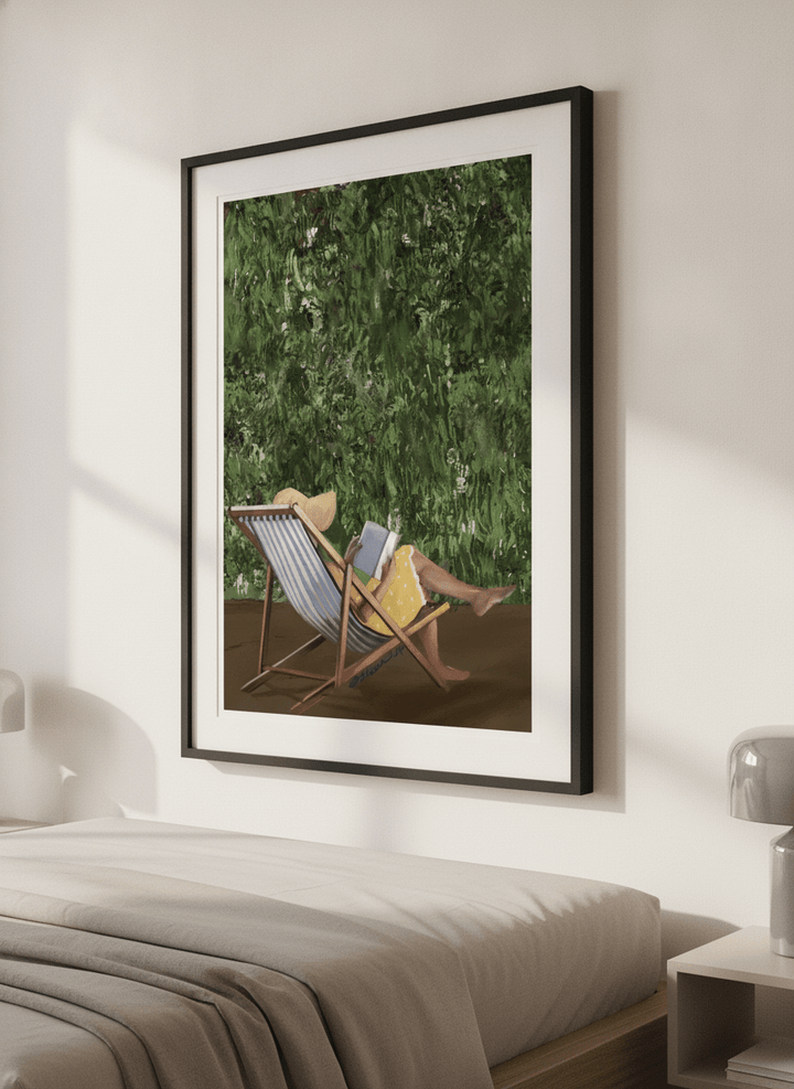 Minimalist artwork displayed in a calm, light-filled bedroom interior