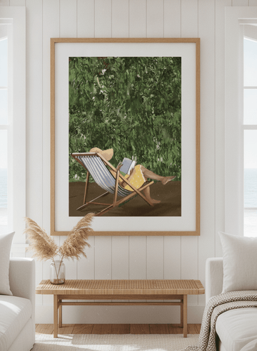 Neutral wall art displayed in a sunny coastal beach house