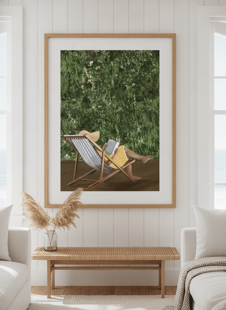 Neutral wall art displayed in a sunny coastal beach house