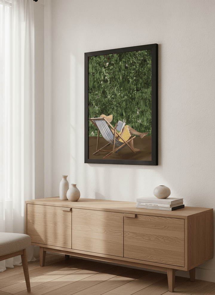 Artwork displayed above a credenza in a real-looking contemporary home