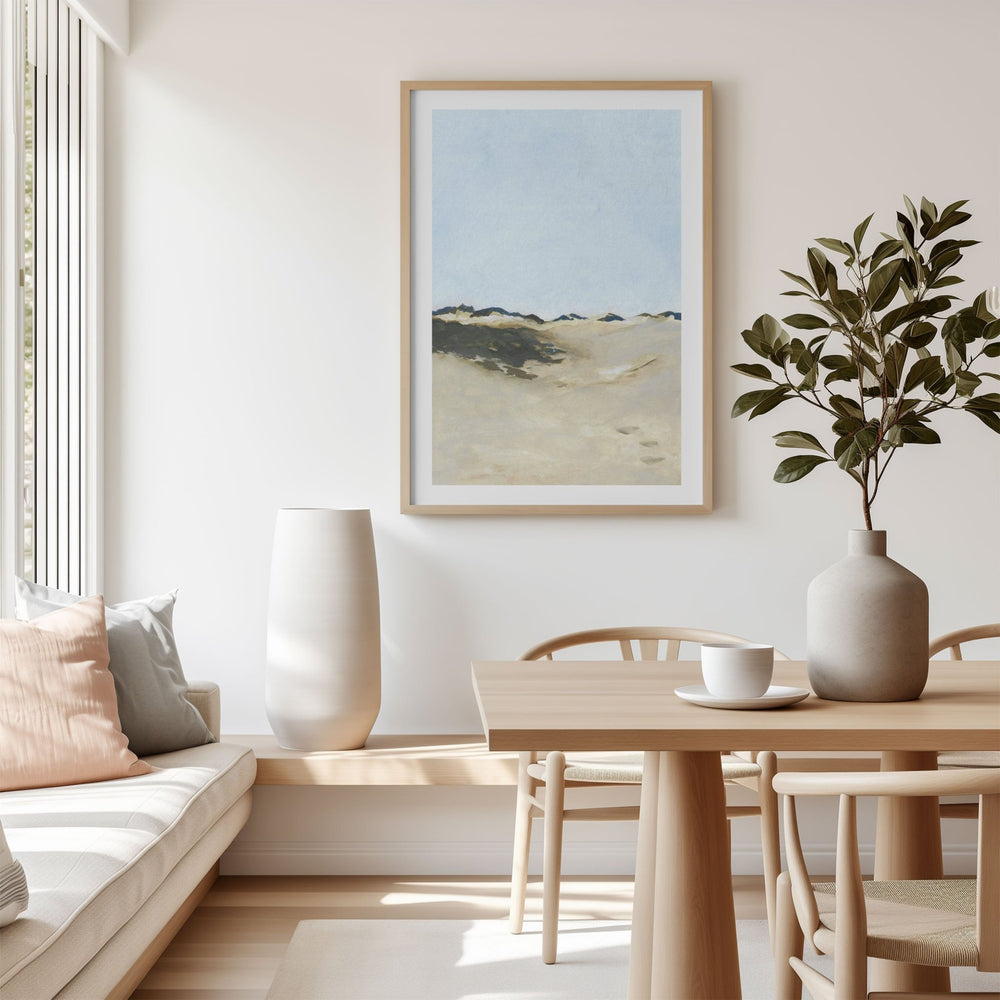 Modern living room with a landscape picture, white vase, and wooden furniture.