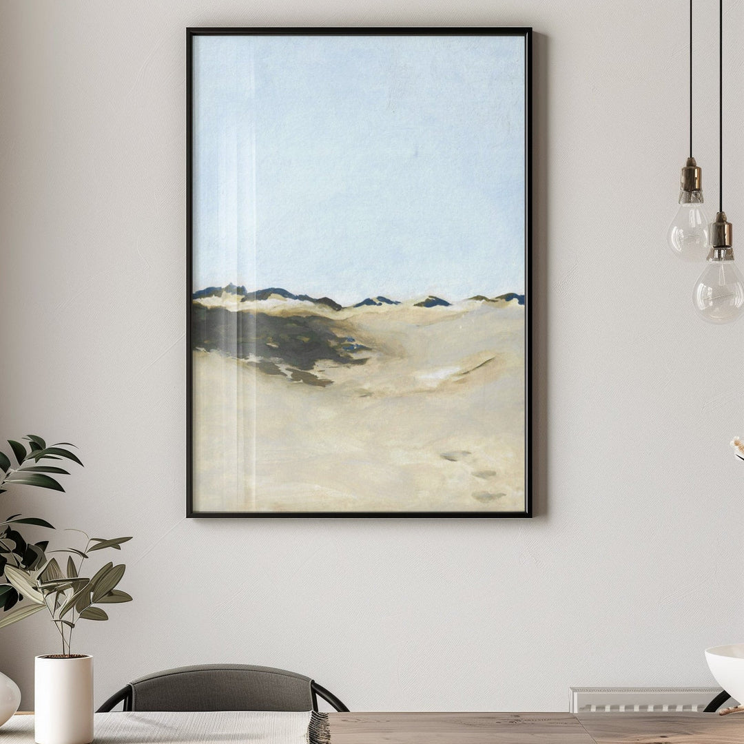 Landscape painting on a wall above a dining table