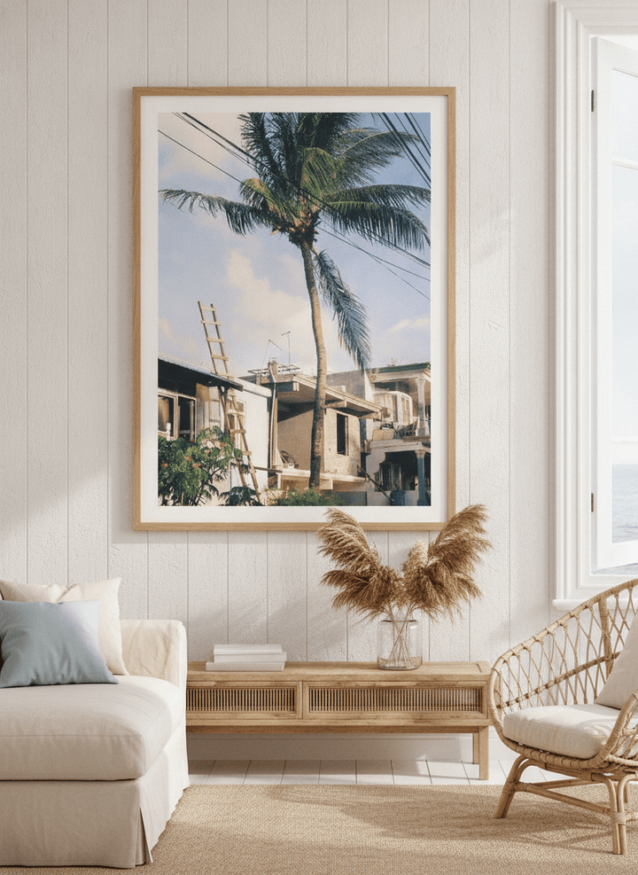 Neutral wall art displayed in a sunny coastal beach house