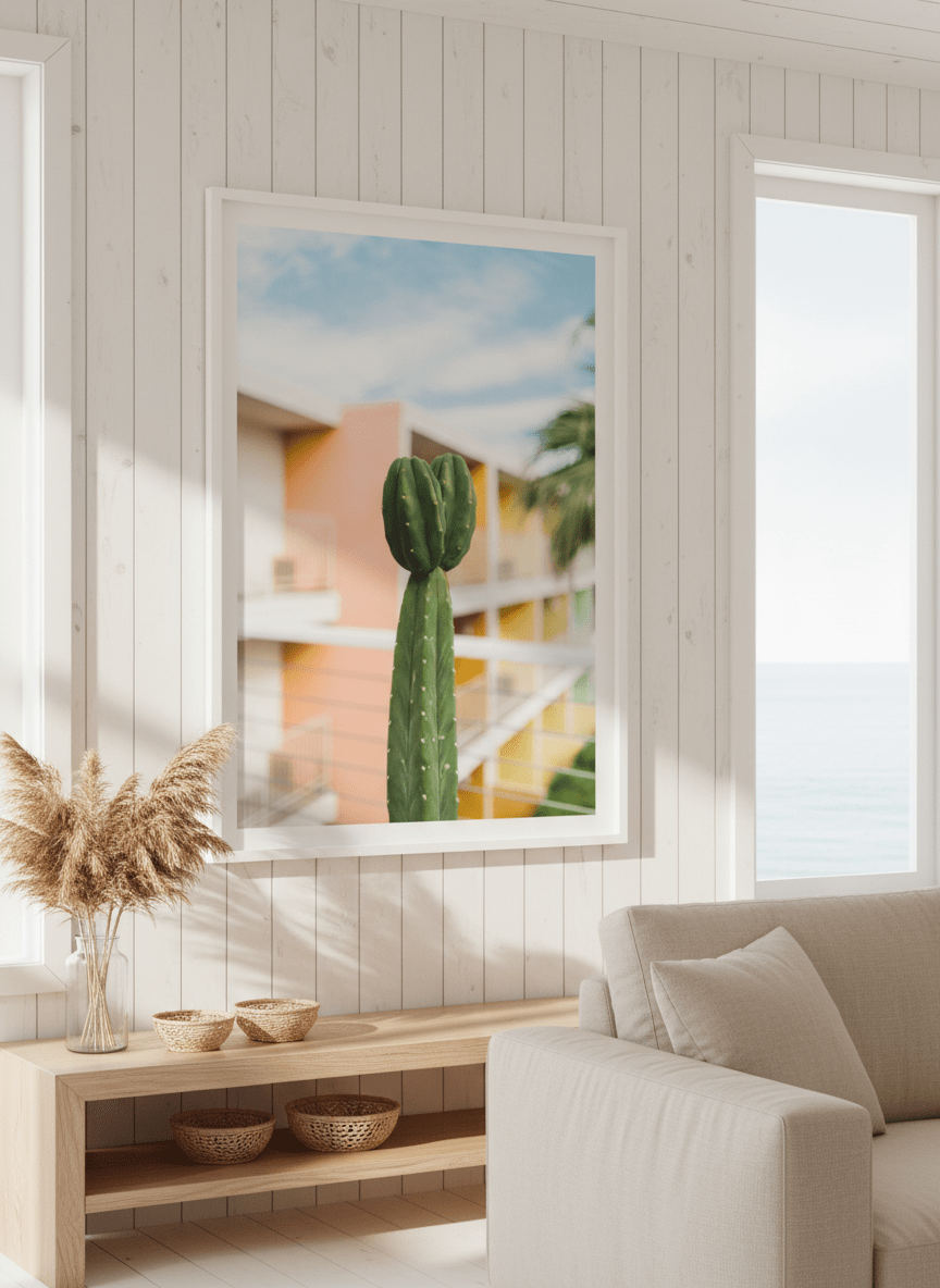 Neutral wall art displayed in a sunny coastal beach house