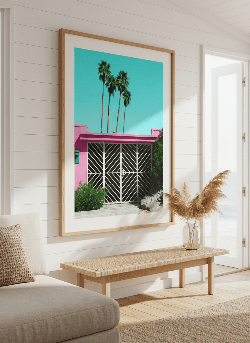 Neutral wall art displayed in a sunny coastal beach house