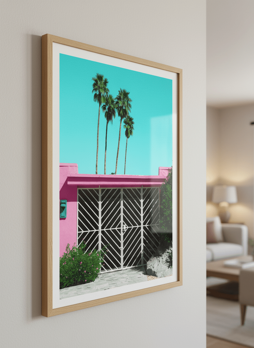 Modern wall art styled above a sofa in a neutral living room