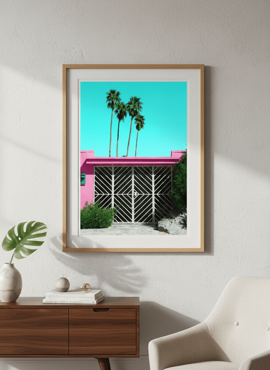 Modern wall art styled above a sofa in a neutral living room