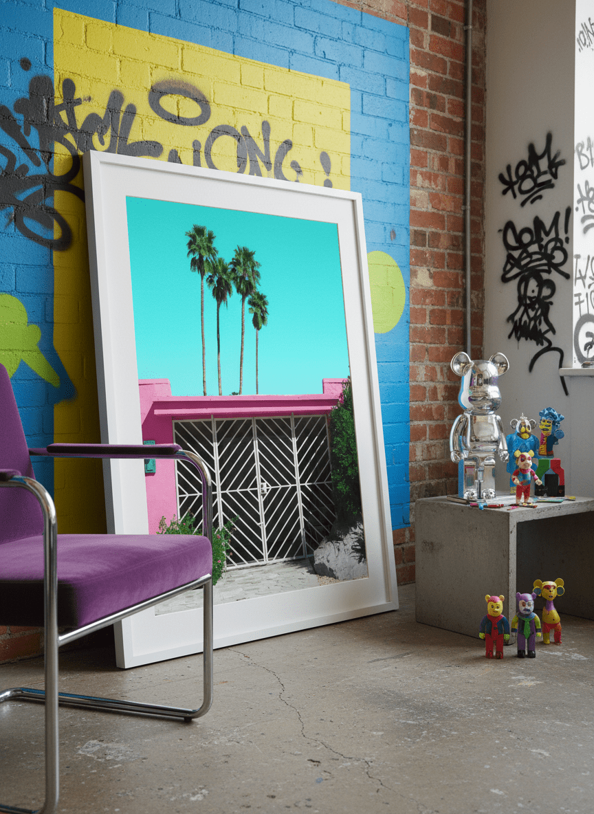 Bold wall art styled in a colourful, eclectic modern home